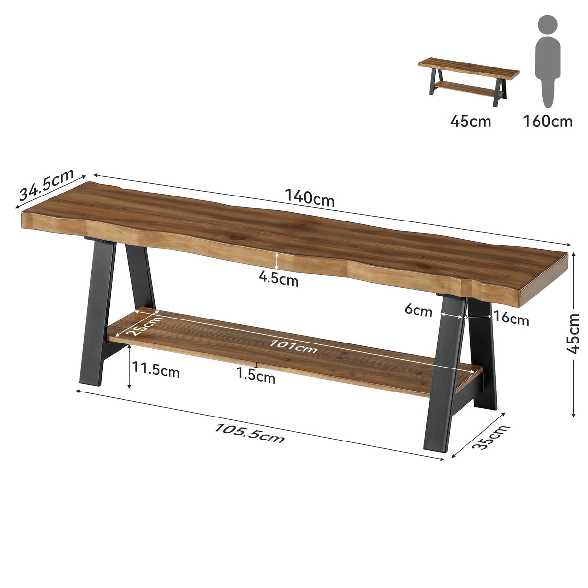 160cm Entryway Bench, Solid Wood Live Edge 2-Tier Shoe Storage Bench for Hallway Mudroom