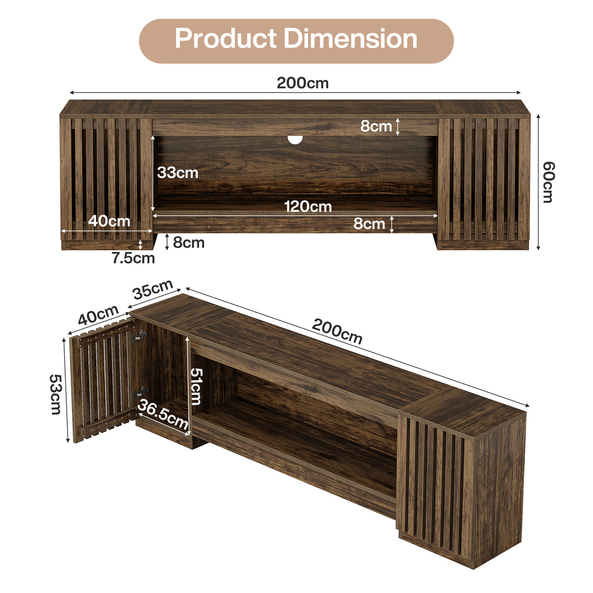 198cm TV Stand, Farmhouse Console Table with Cabinets & Open Shelf for TVs up to 85"