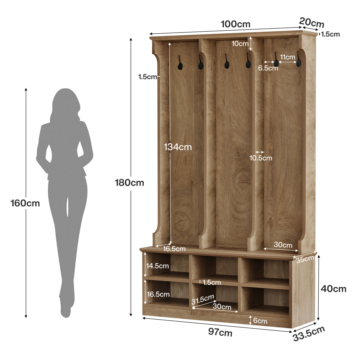180cm Hall Tree, 3-in-1 Entryway Coat Rack with Shoe Bench & Storage