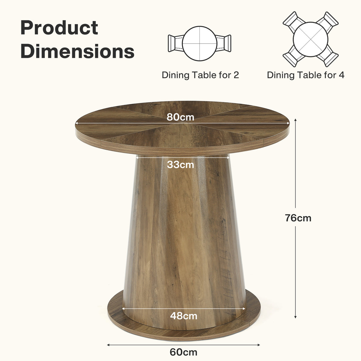 80cm Round Dining Table, 2-4 Seater Sturdy Pedestal Kitchen Table