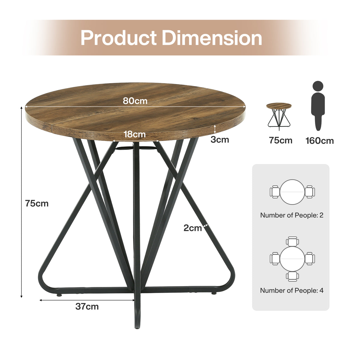 80cm Round Dining Table, 2-4 Seater Rustic Metal Frame Kitchen Table