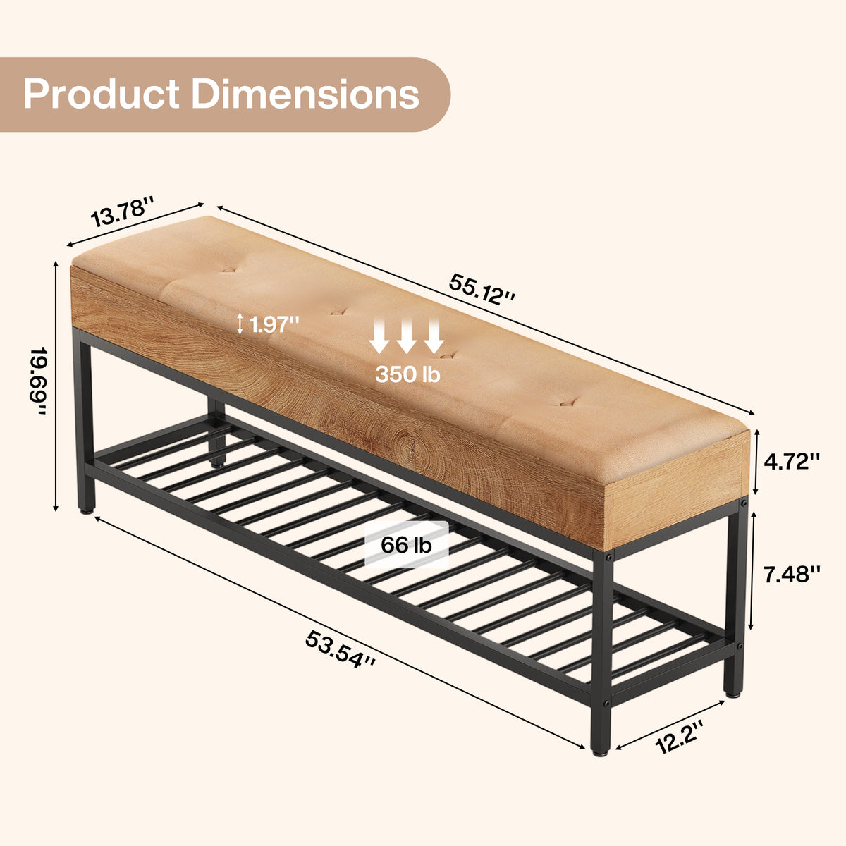 140cm Shoe Bench, 2-Tier Entryway Bench with Cushion & Metal Frame