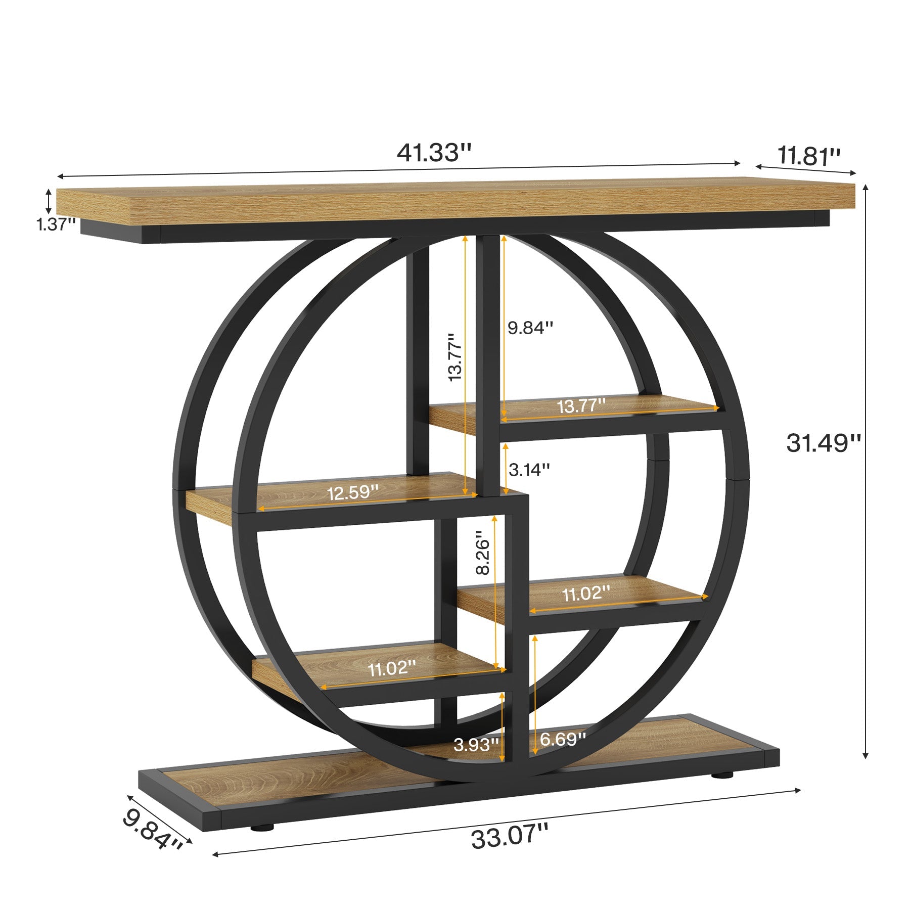 41" Industrial Console Table, Narrow 6-Tier Sofa Entryway Table with Circle Base
