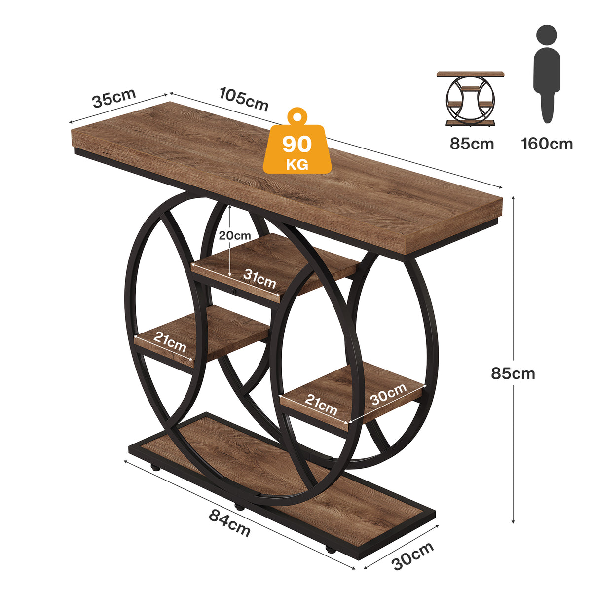 105cm Console Table, 4-Tier Round Metal Frame Side Table for Entryway