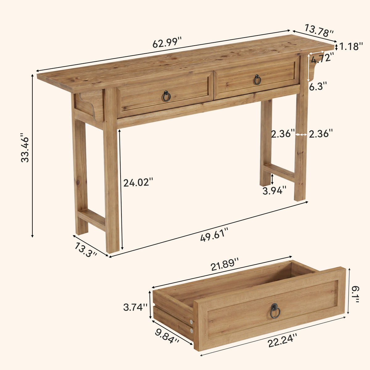 160cm Console Table, Solid Wood Narrow Hallway Table with 2 Drawers & Storage