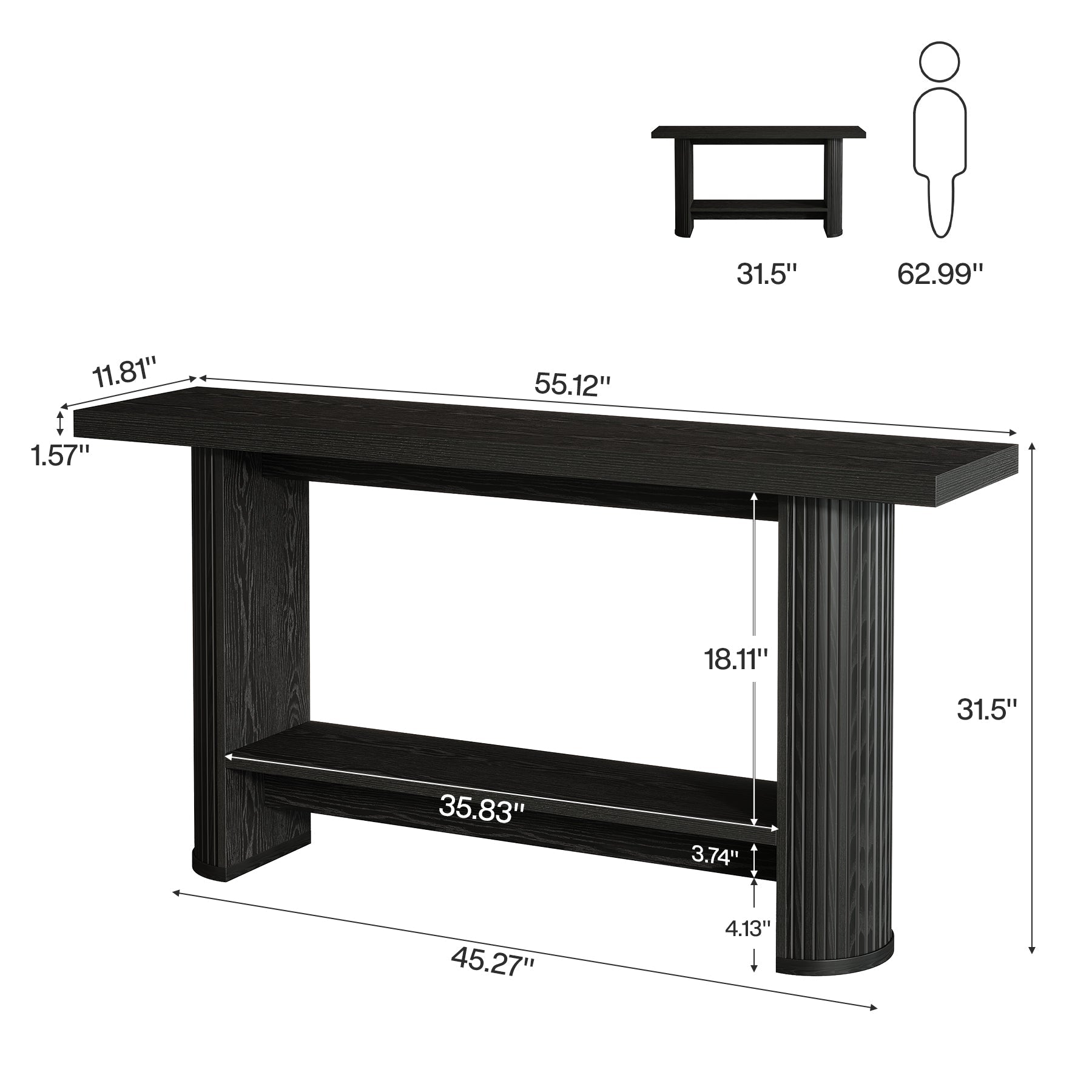 55" Narrow Console Table with Storage Shelf, Rustic Entryway Sofa Table