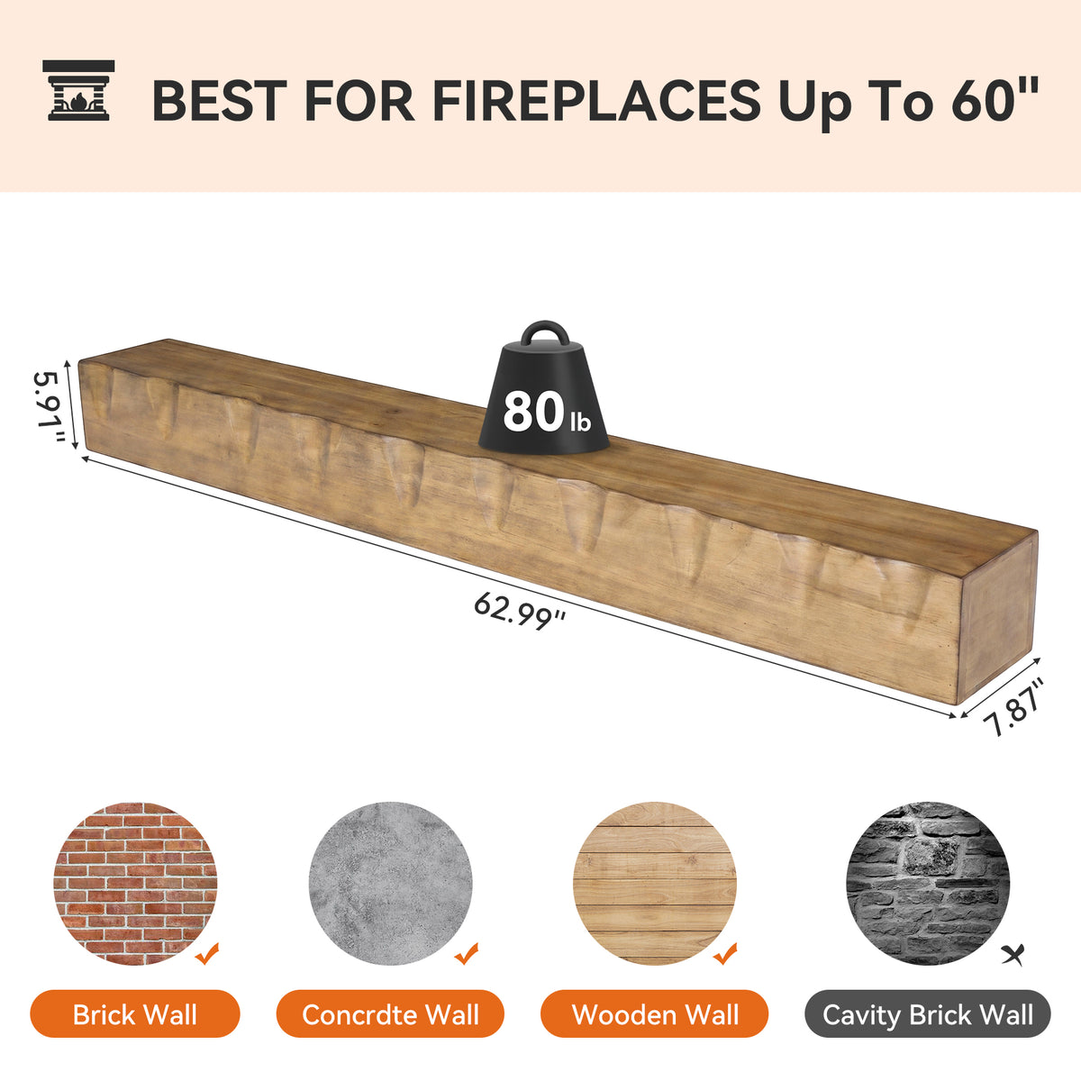Tribesigns Rustic Suspended Fireplace Shelf in Solid Wood, 160 cm, Load Capacity 36 kg