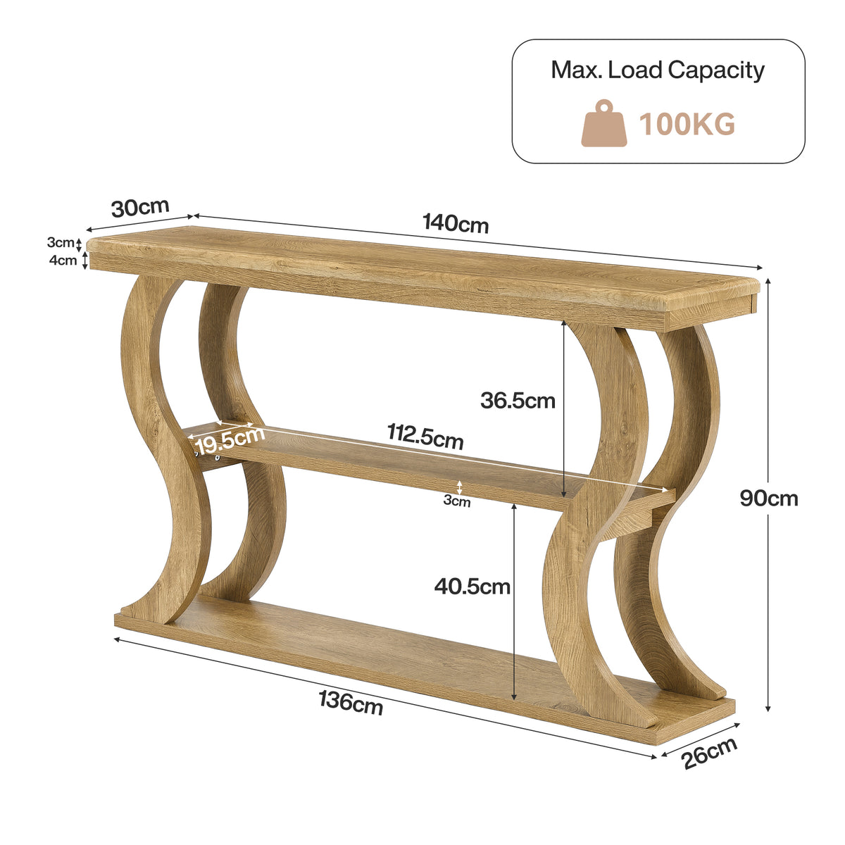 140cm Console Table, 3-Tier Narrow Wave Hallway Table for Living Room