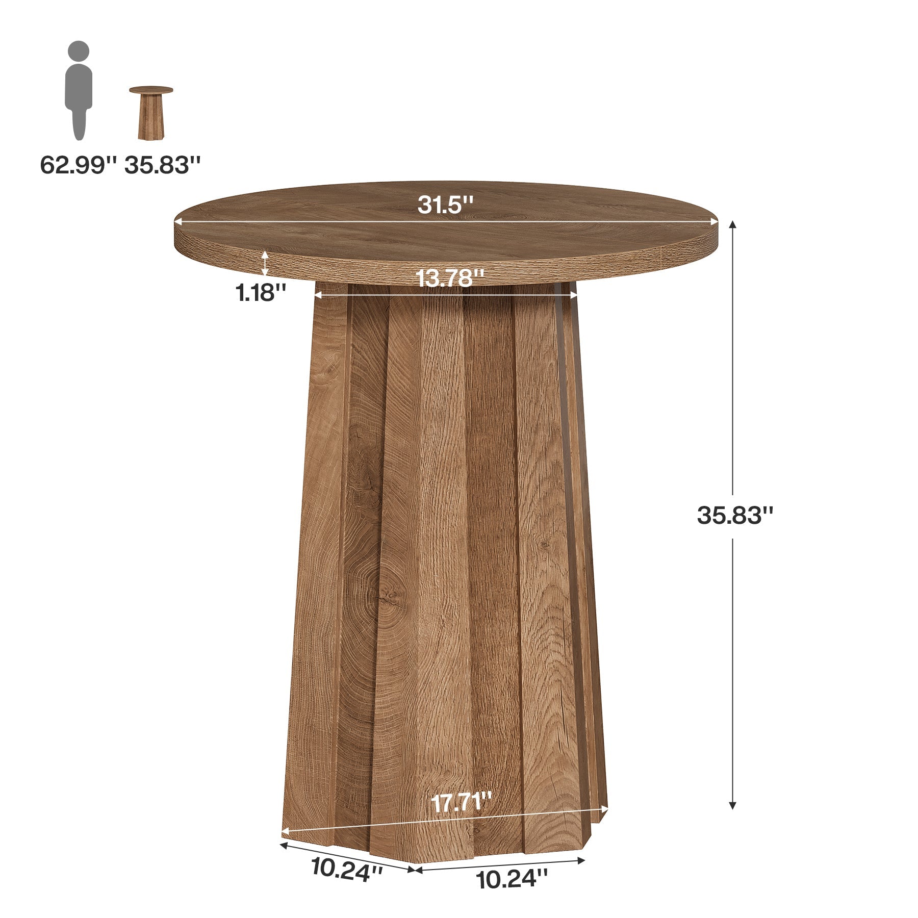 31.5" Round Bar Table, Bistro Pub Table with Fluted Pedestal Base for Small Spaces