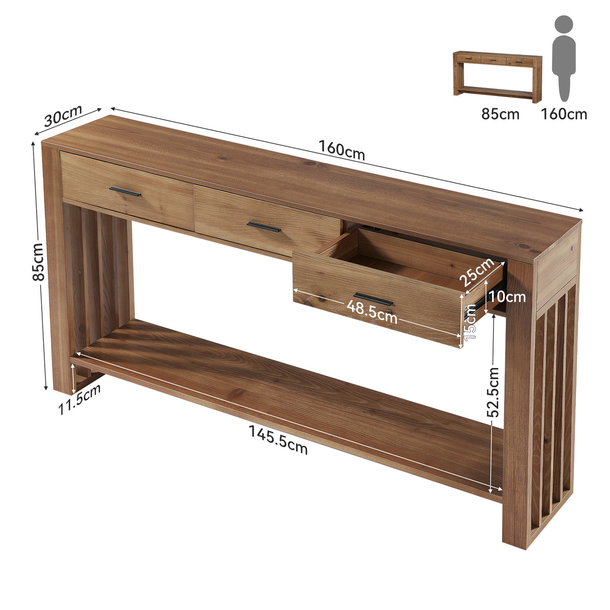 160cm Console Table, Solid Wood 3-Drawer 2-Tier Narrow Farmhouse Entryway Table