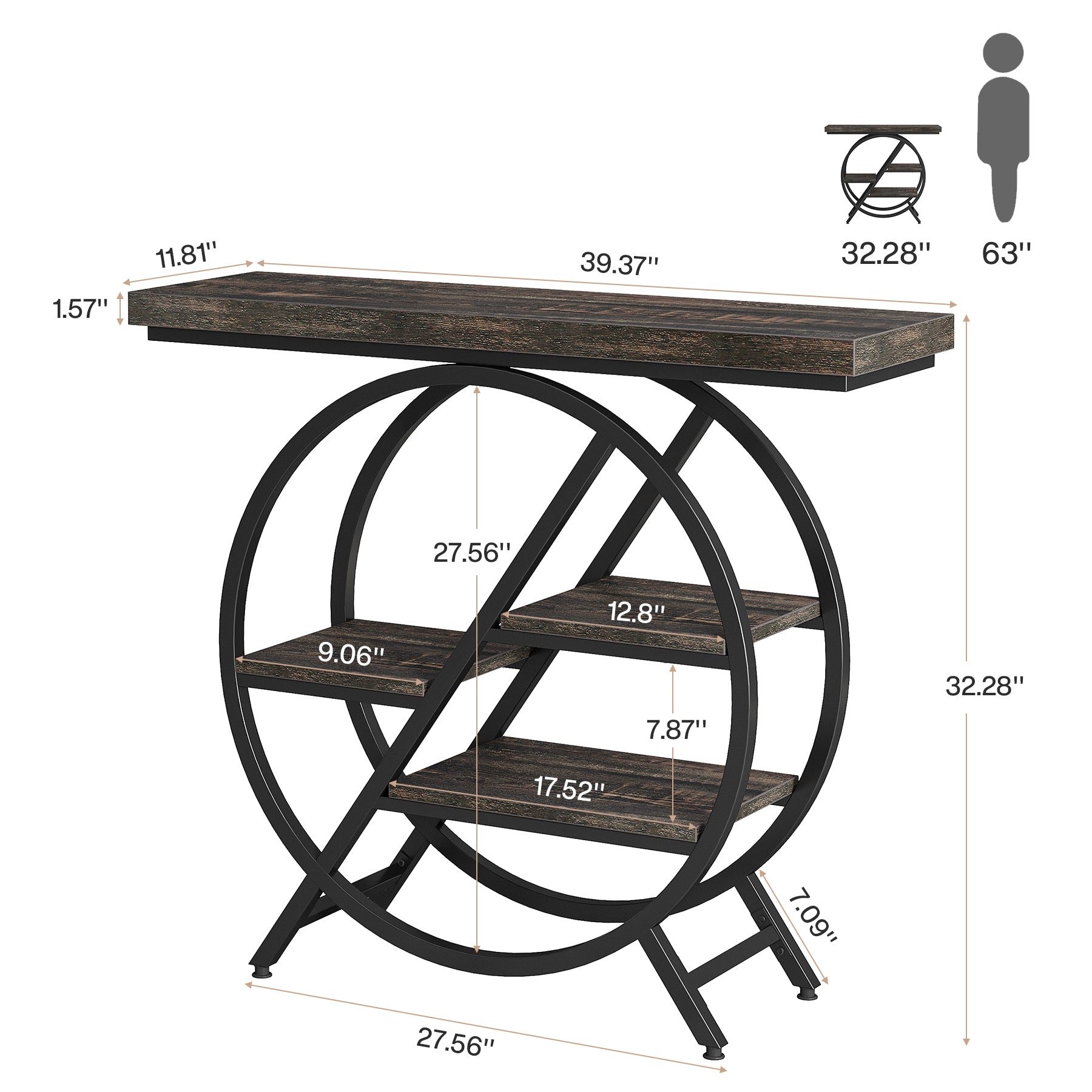 39.4" 4-Tier Console Table, Entryway Table with Geometric Metal Frame
