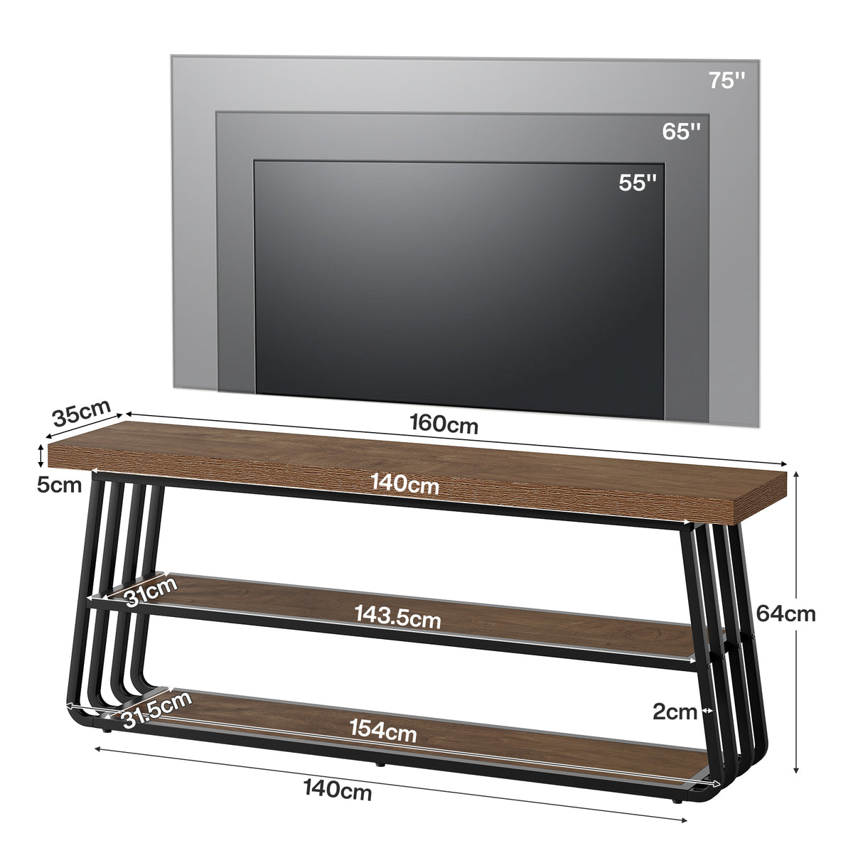 160cm TV Stand, 3-Tier Media Console with Metal Frame for Living Room