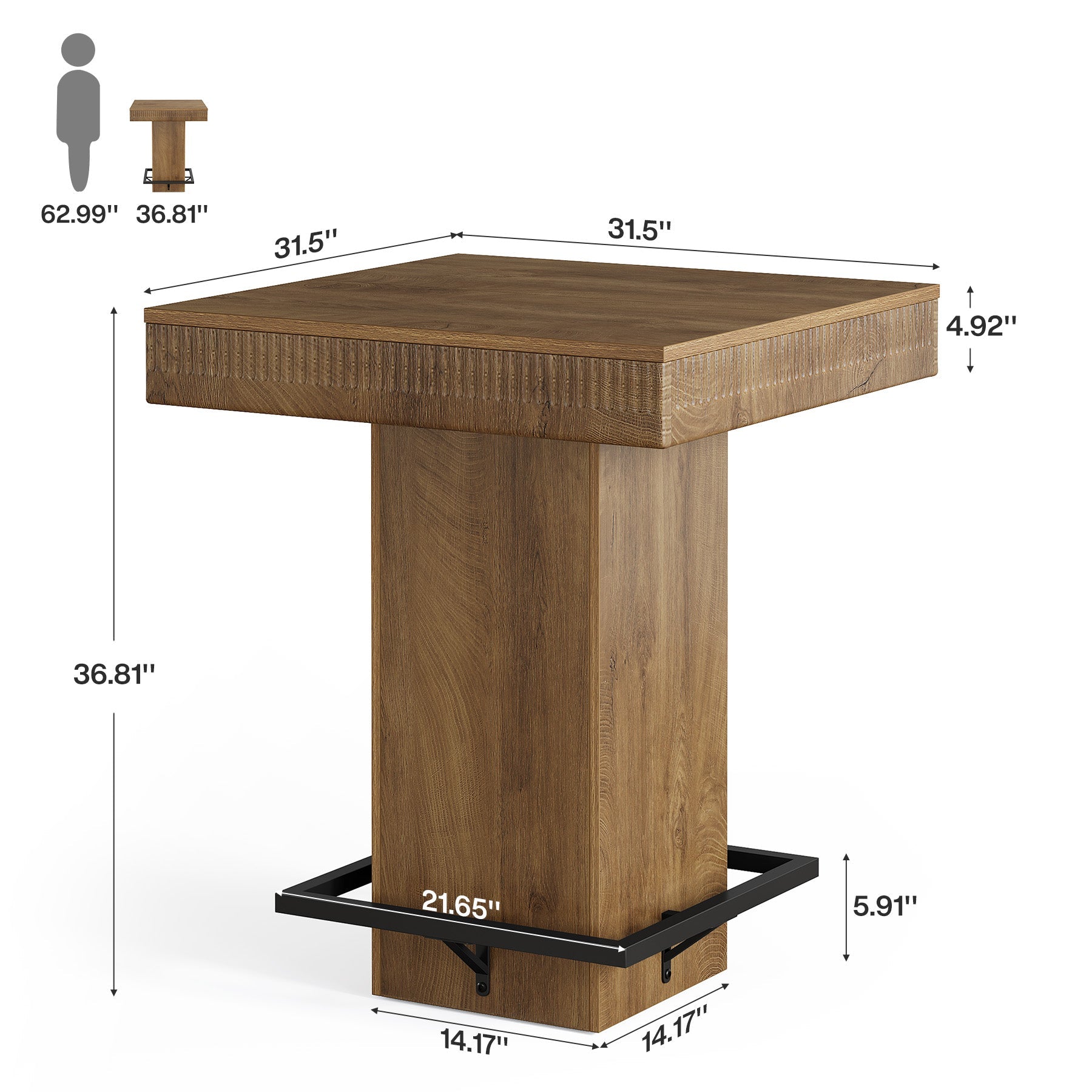31.5" Square Bar Table, Industrial Bistro Pub Table with Metal Footrest