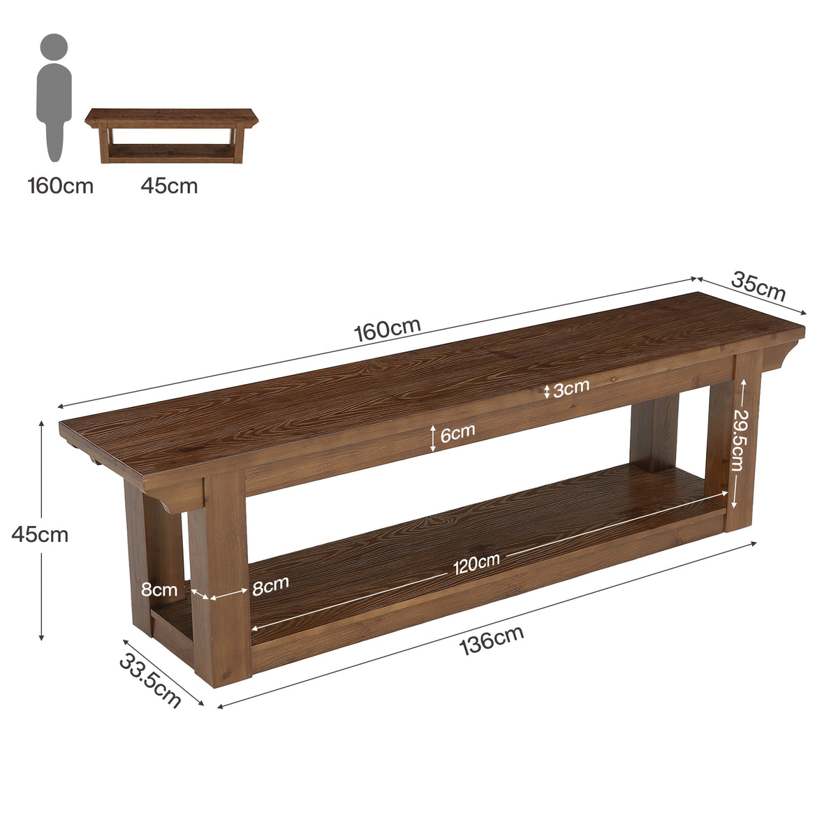 160cm Entryway Shoe Bench, Farmhouse Solid Wood 2-Tier Storage for Hallway Bedroom