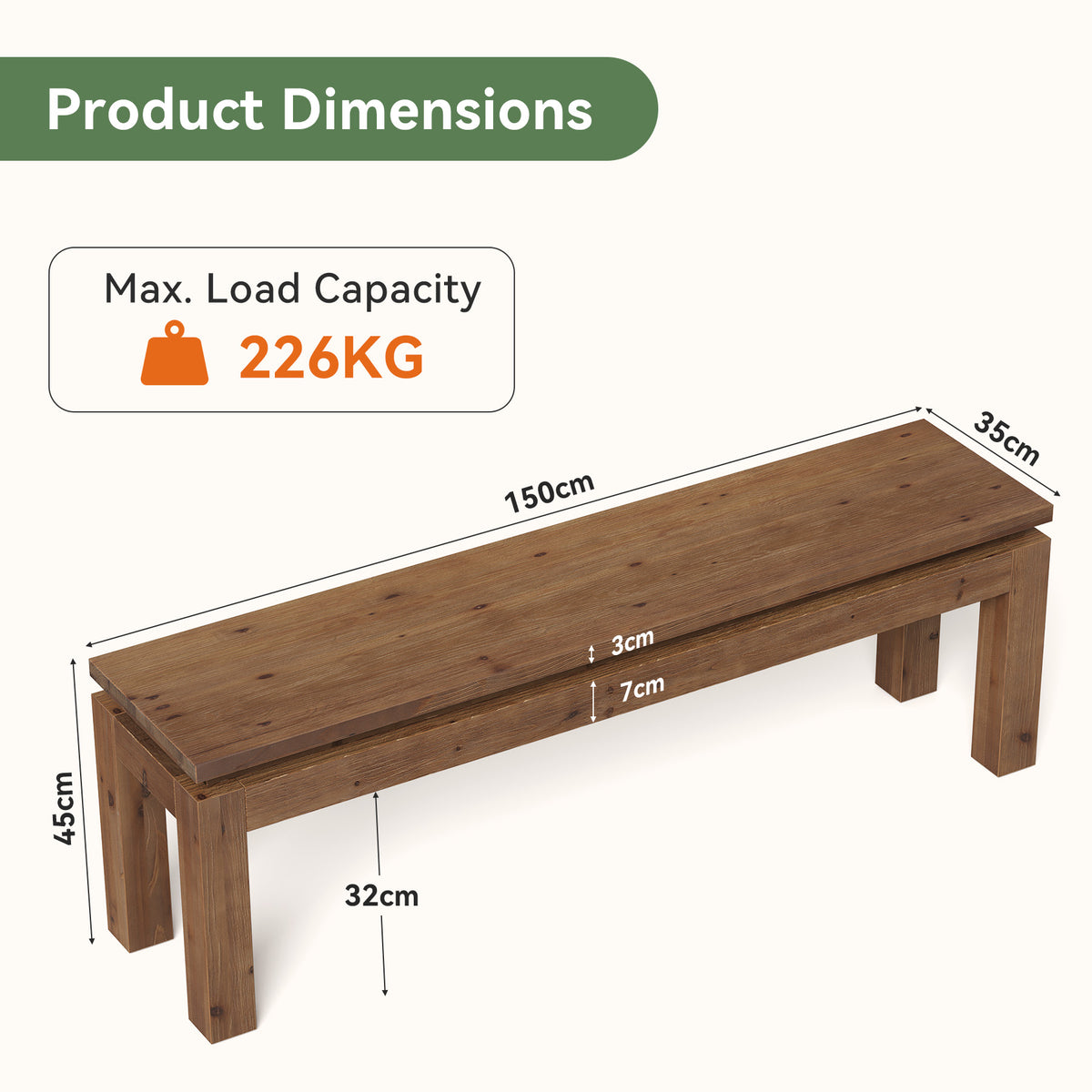 Tribesigns Solid Wood Bench 150 cm, Country-style dining bench with block legs