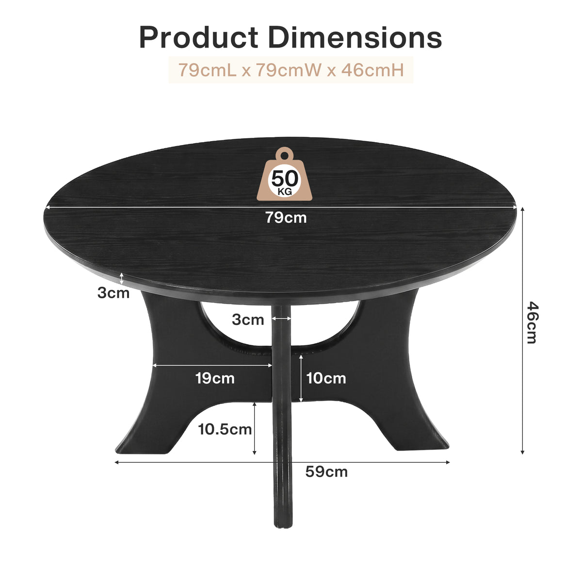 79cm Round Coffee Table, Modern Black Cross Base for Living Room