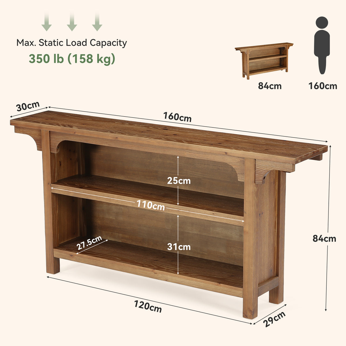 160cm Console Table, 3-Tier Narrow Hallway Table with Storage