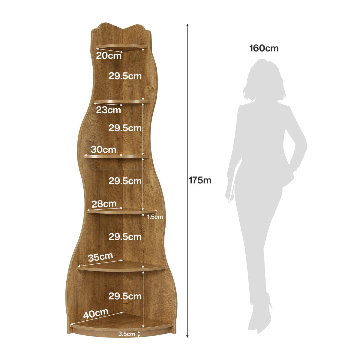 6-Tier Corner Shelf Stand,175cm Tall Bookshelf with Curvy Shape for Living Room