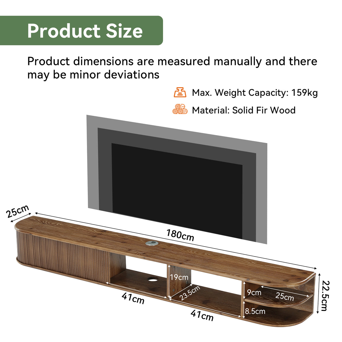 180cm Floating TV Stand, Solid Wood Media Console with Fluted Doors & Cable Management for 50-90" TVs