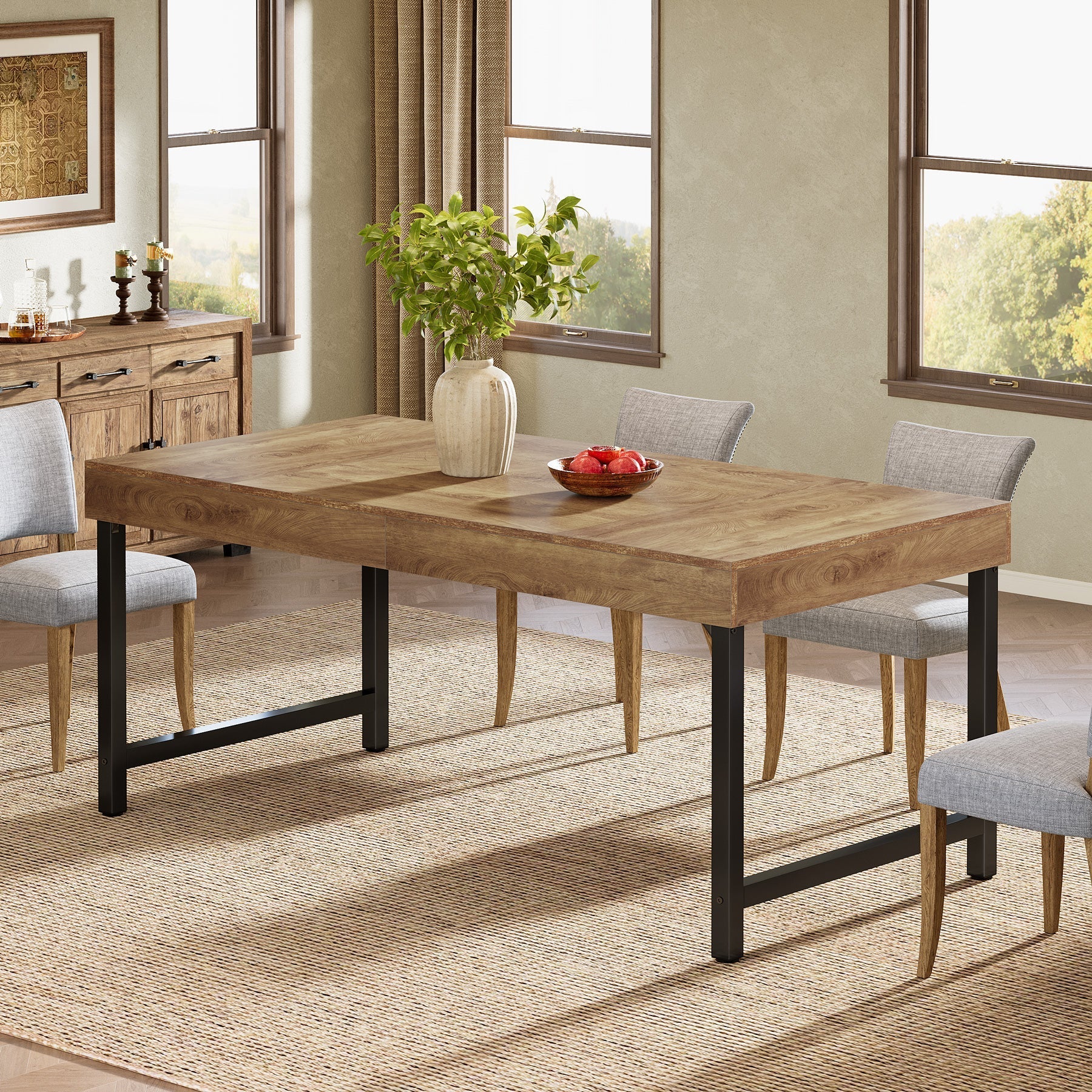 Farmhouse Dining Table, 55" Rectangular Kitchen Dinner Table for 4 - 6 People Tribesigns