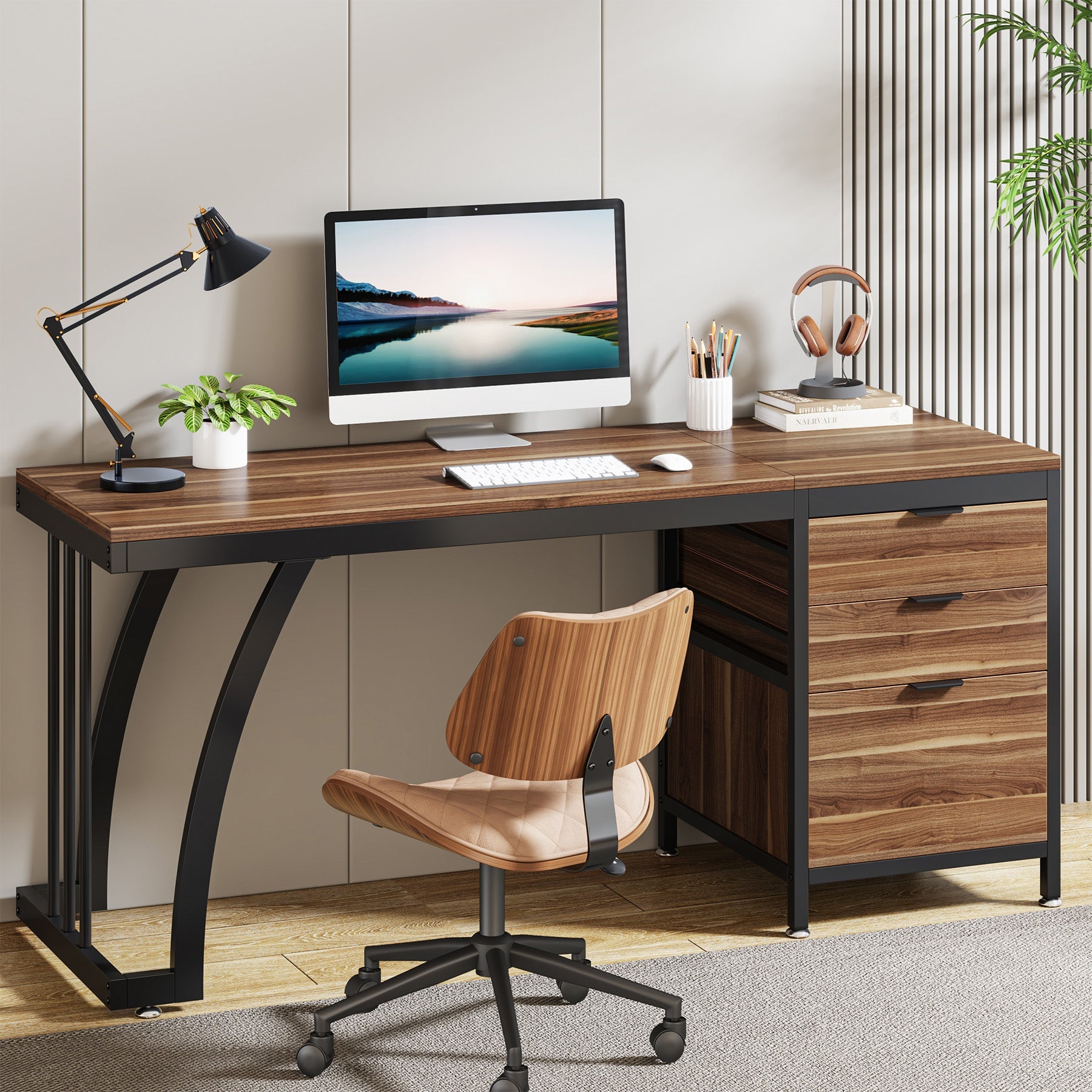 59" Computer Desk with 3 Drawers, Industrial Study Writing Table Workstation with File Storage for Home Office