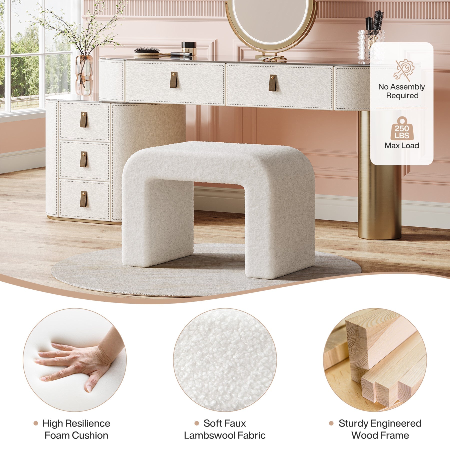 Modern Vanity Stool, Fully Assembled Upholstered Ottoman Sofa Footrest Tribesigns