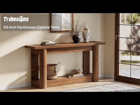 63" Farmhouse Console Table with 2-Tier Storage, Rustic Narrow Sofa Table Behind Couch