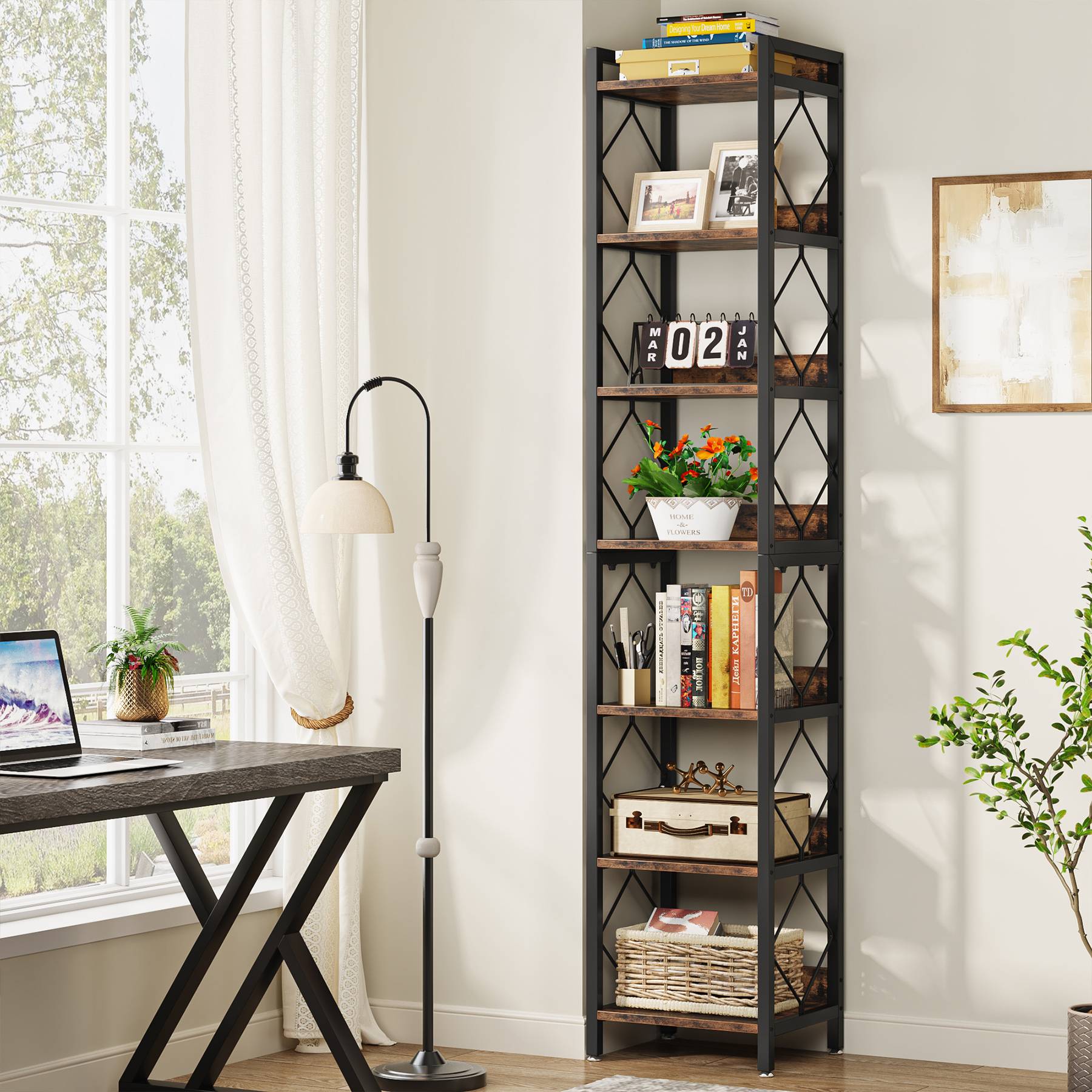 Modern 7-Tier Corner Shelf, 78.7" Tall Narrow Bookcase for Corners