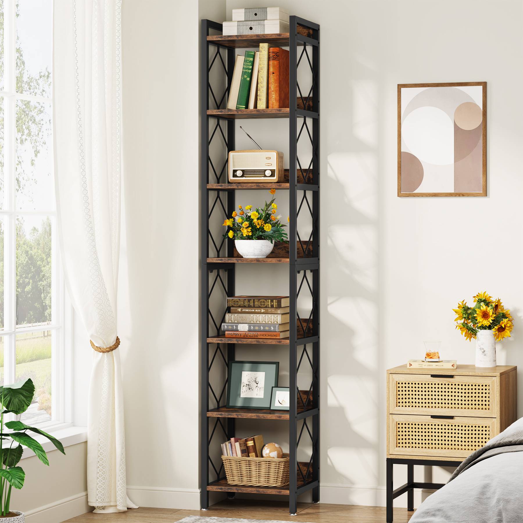 Modern 7-Tier Corner Shelf, 78.7" Tall Narrow Bookcase for Corners