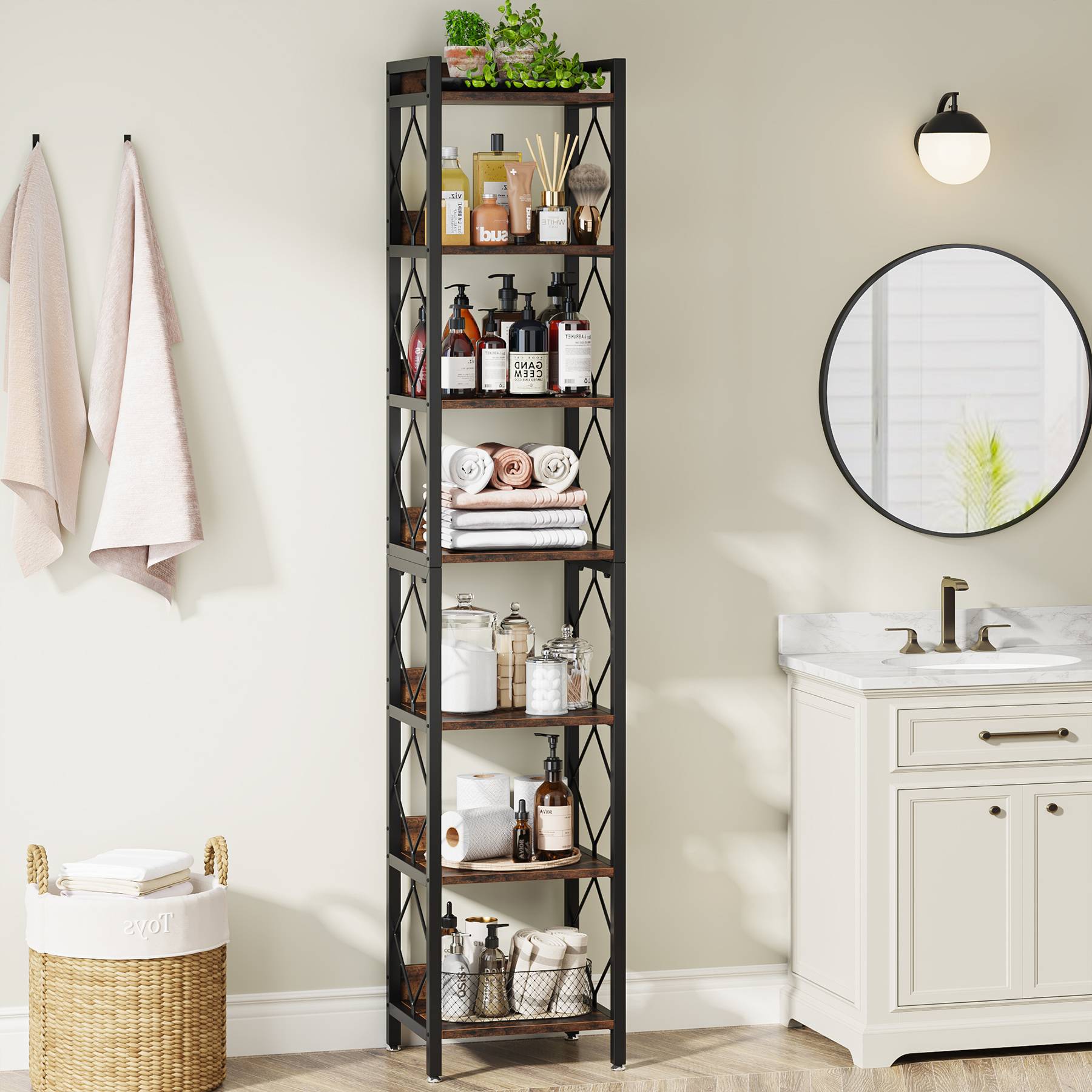 Modern 7-Tier Corner Shelf, 78.7" Tall Narrow Bookcase for Corners