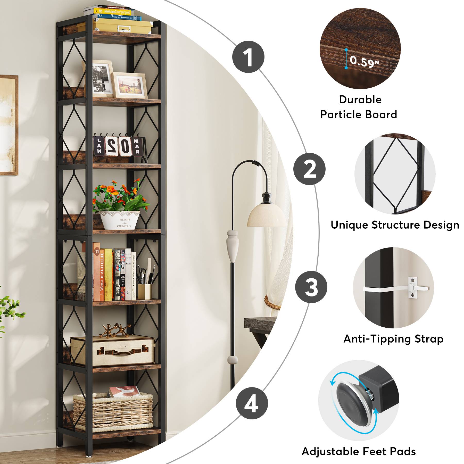 Modern 7-Tier Corner Shelf, 78.7" Tall Narrow Bookcase for Corners