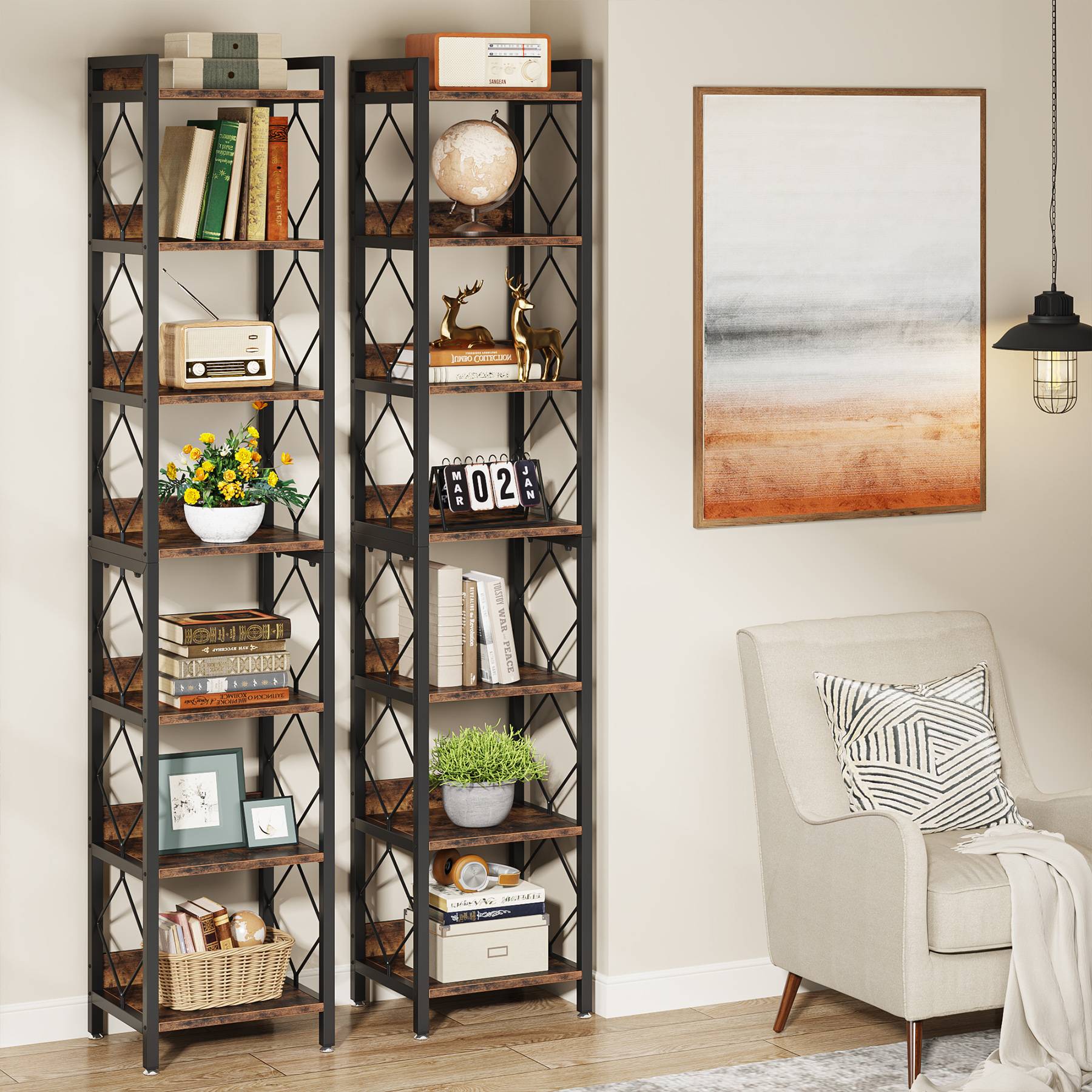 Modern 7-Tier Corner Shelf, 78.7" Tall Narrow Bookcase for Corners