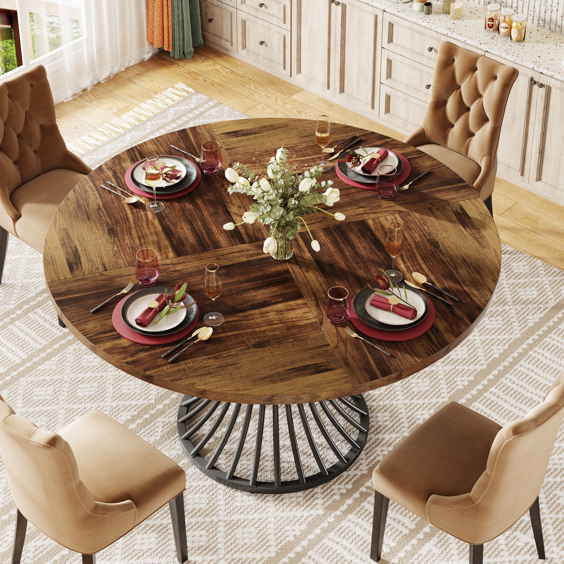 Round Dining Table for 4-6, 47" Farmhouse Circle Kitchen Table