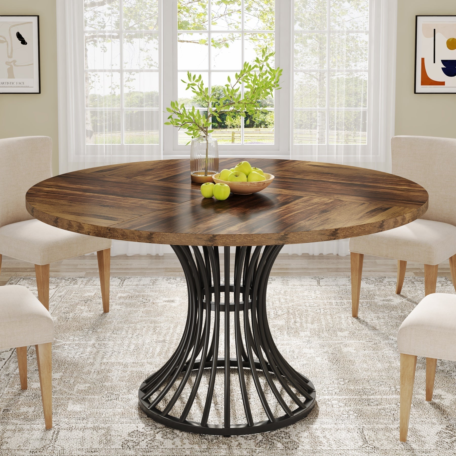 Round Dining Table for 4-6, 47" Farmhouse Circle Kitchen Table