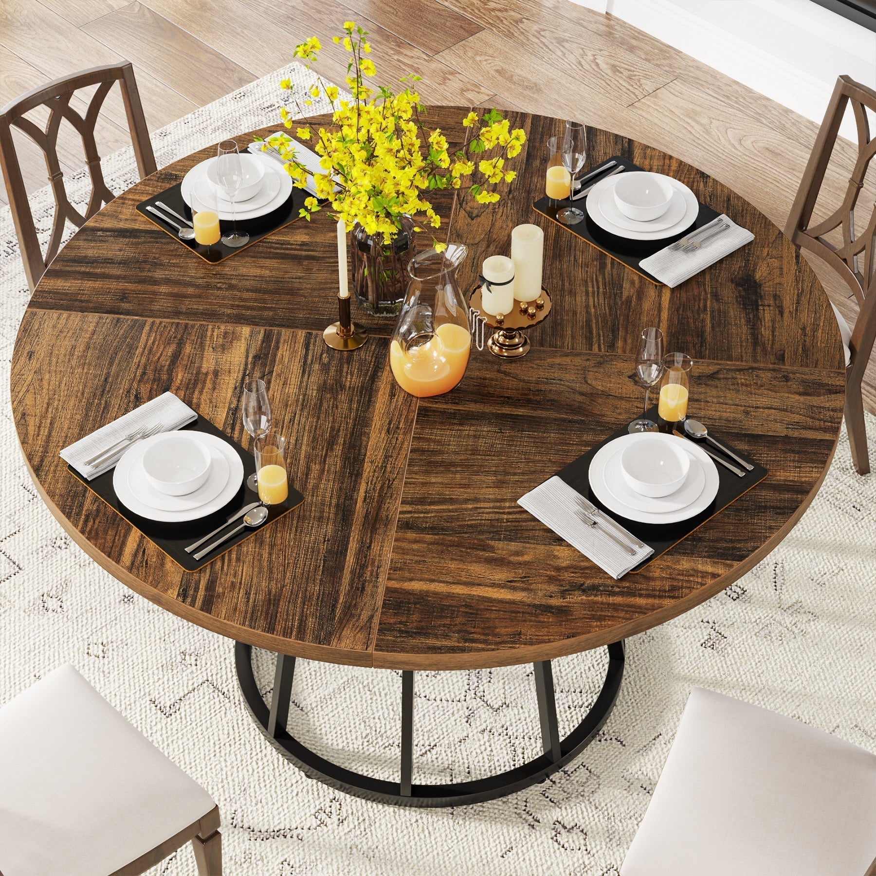 47.2" Round Dining Table for 4 People, Kitchen Dinner Table with Metal Base