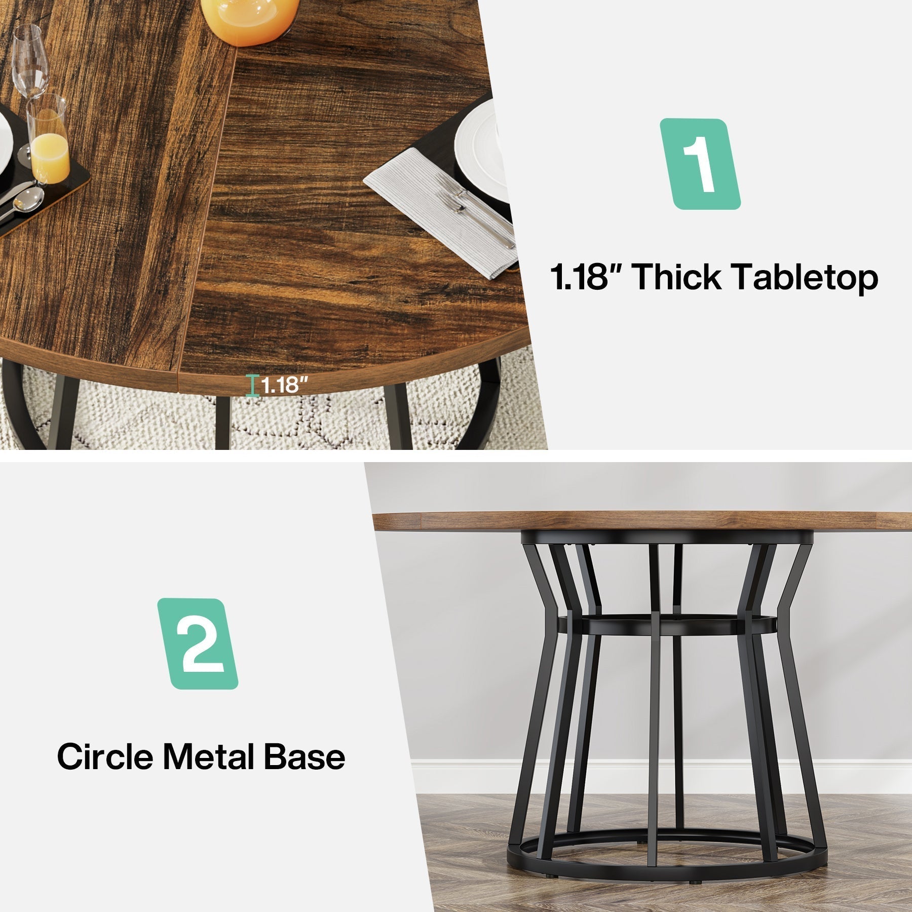 47.2" Round Dining Table for 4 People, Kitchen Dinner Table with Metal Base