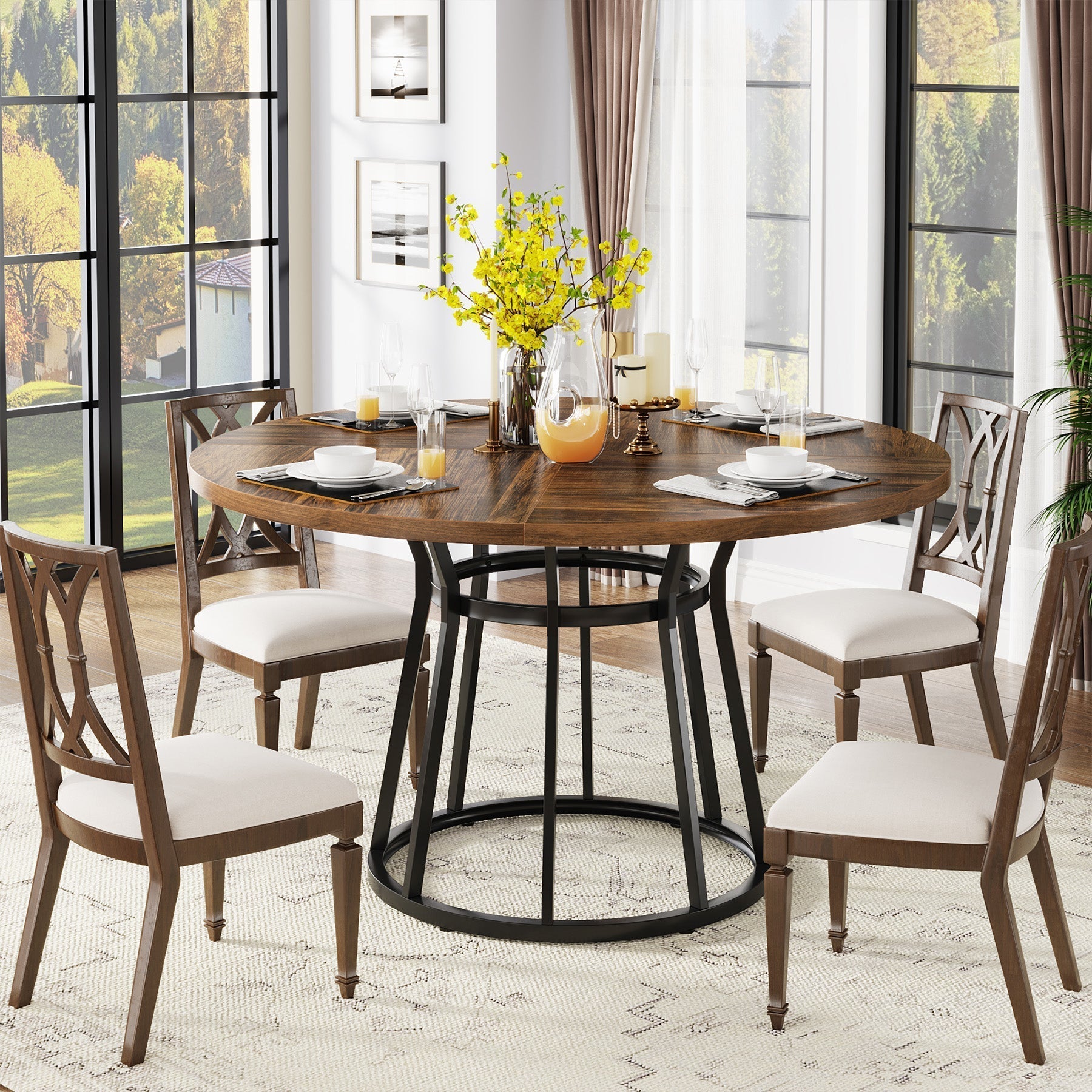 47.2" Round Dining Table for 4 People, Kitchen Dinner Table with Metal Base