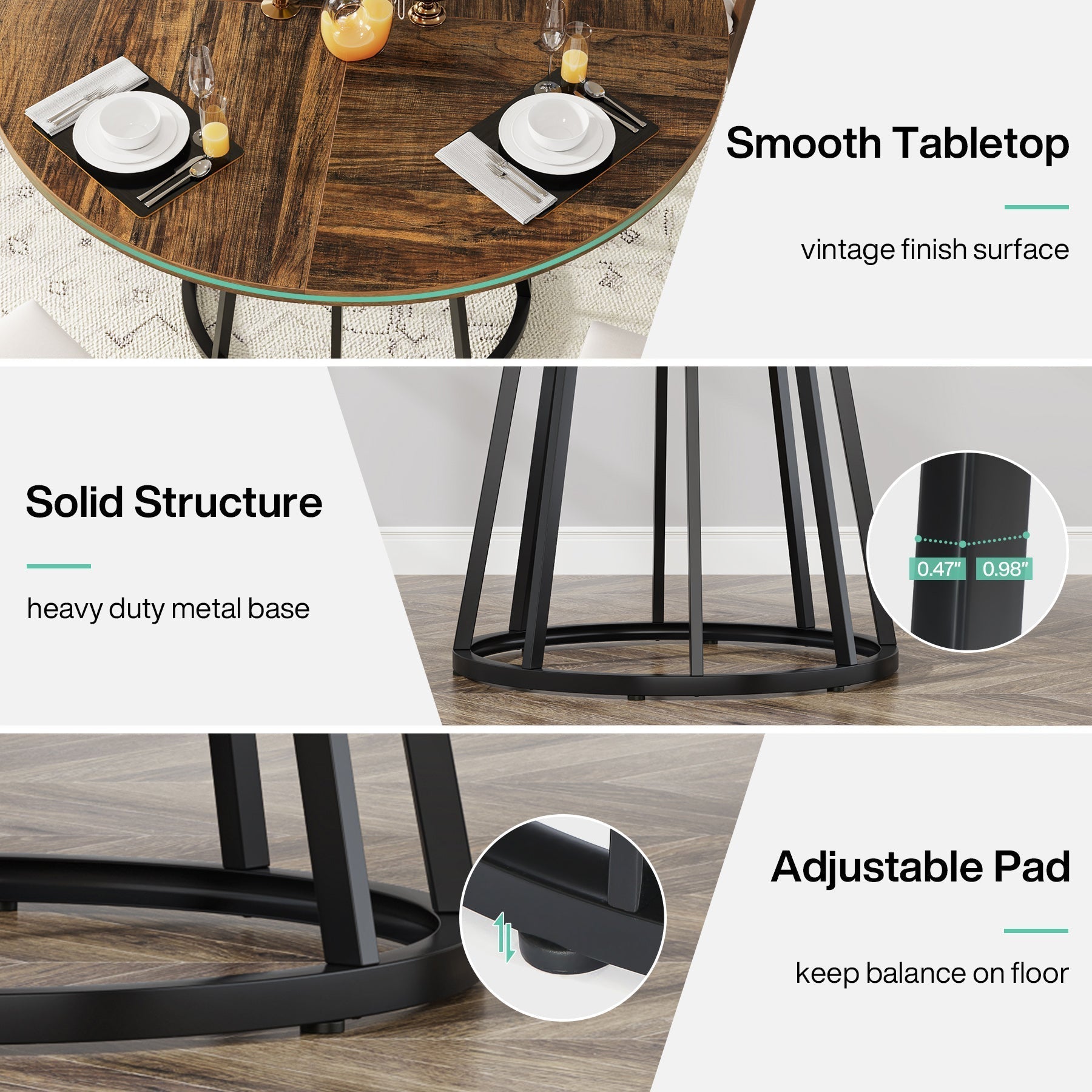 47.2" Round Dining Table for 4 People, Kitchen Dinner Table with Metal Base