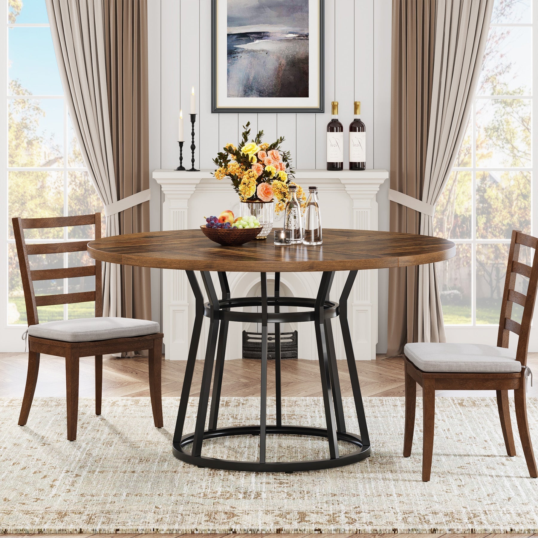 47.2" Round Dining Table for 4 People, Kitchen Dinner Table with Metal Base