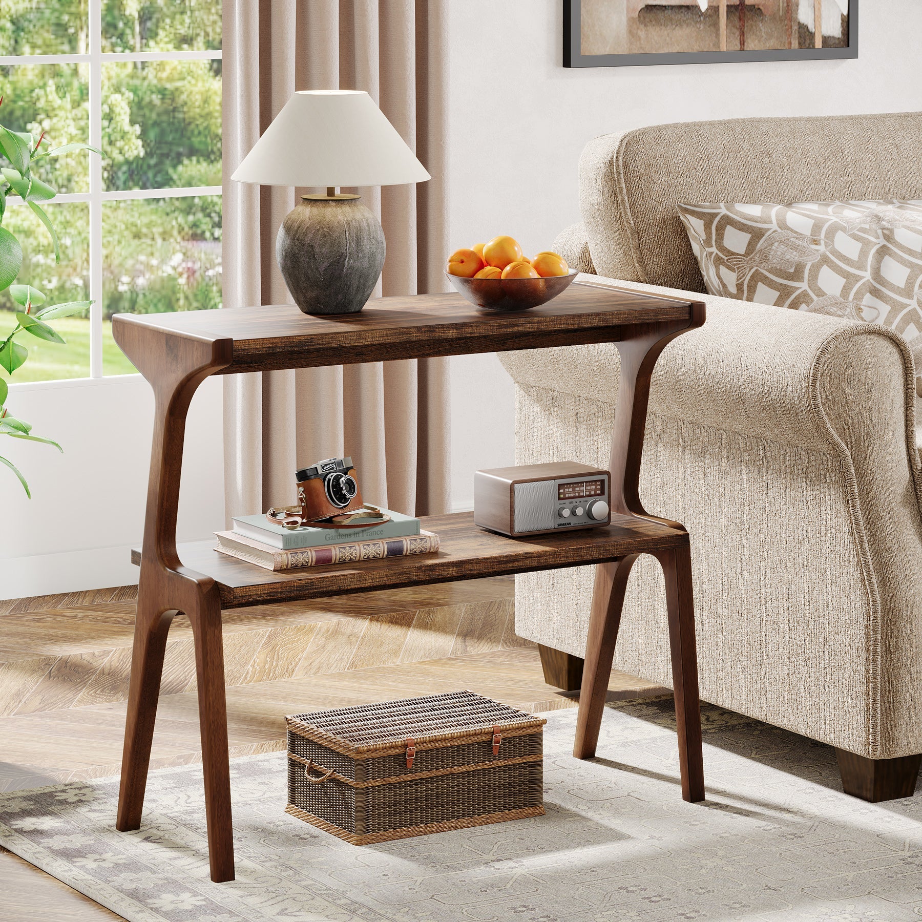 27.5" 2-Tier End Table, Slim Sofa Side Table with Storage Shelf