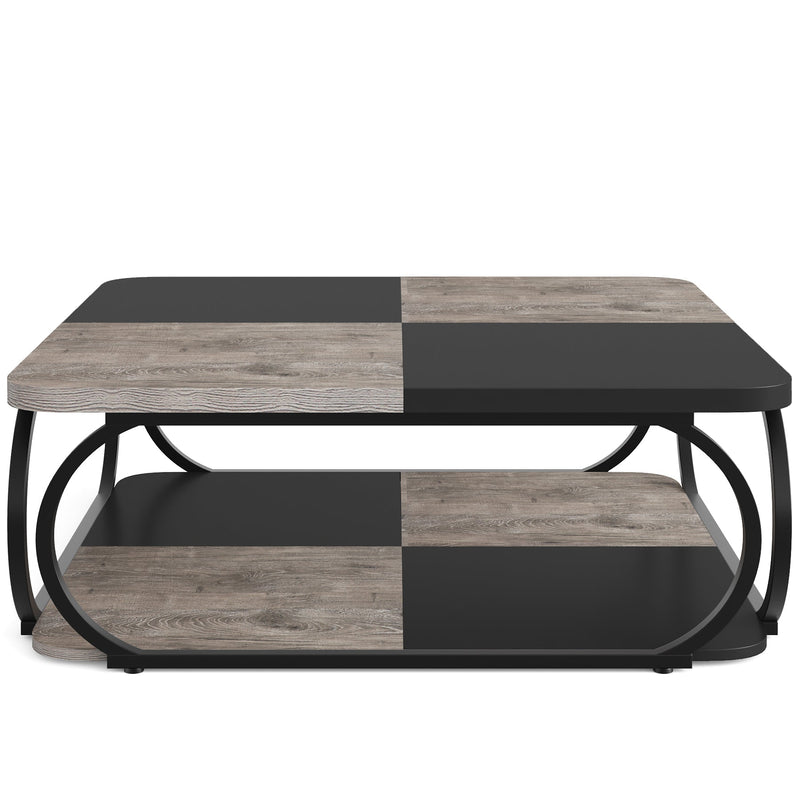 100cm Square Coffee Table , Modern Central Cocktail Table with 2-Tier Storage for Living Room