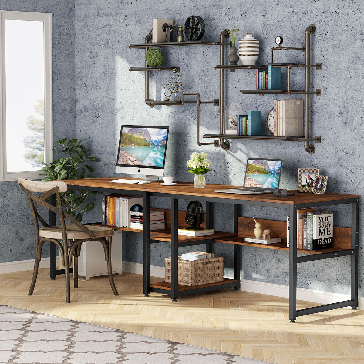 200cm Long Double Desk, With Integrated Bookshelf