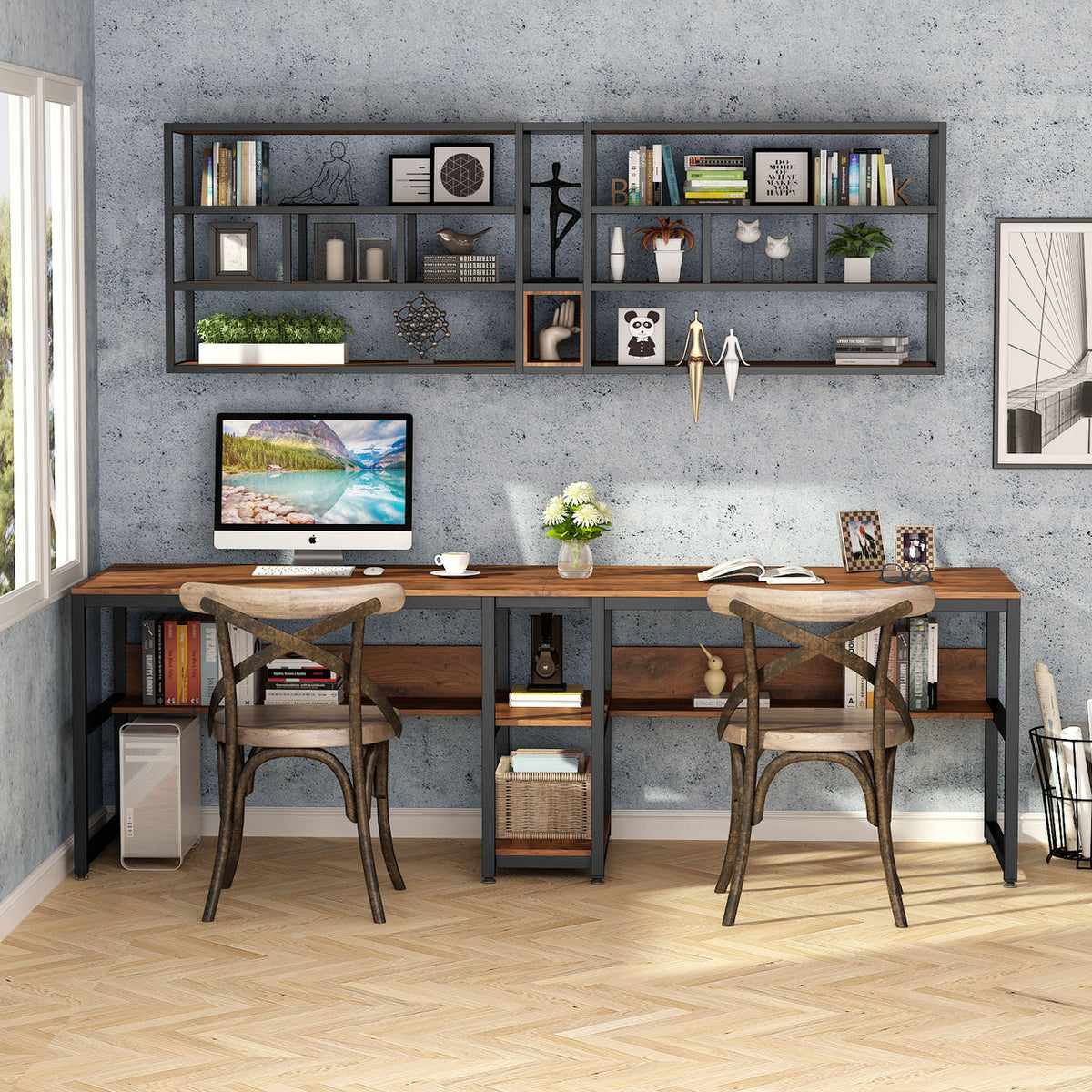 200cm Long Double Desk, With Integrated Bookshelf