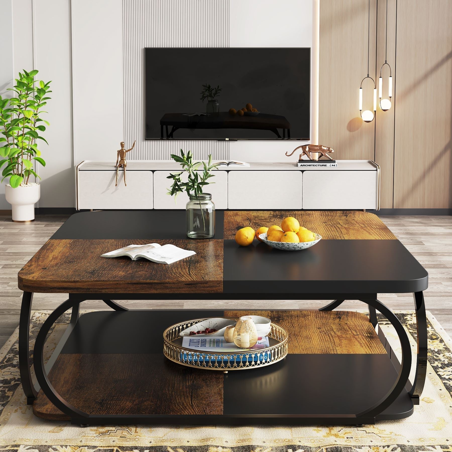 39" Square Coffee Table , Modern Central Cocktail Table with 2-Tier Storage for Living Room