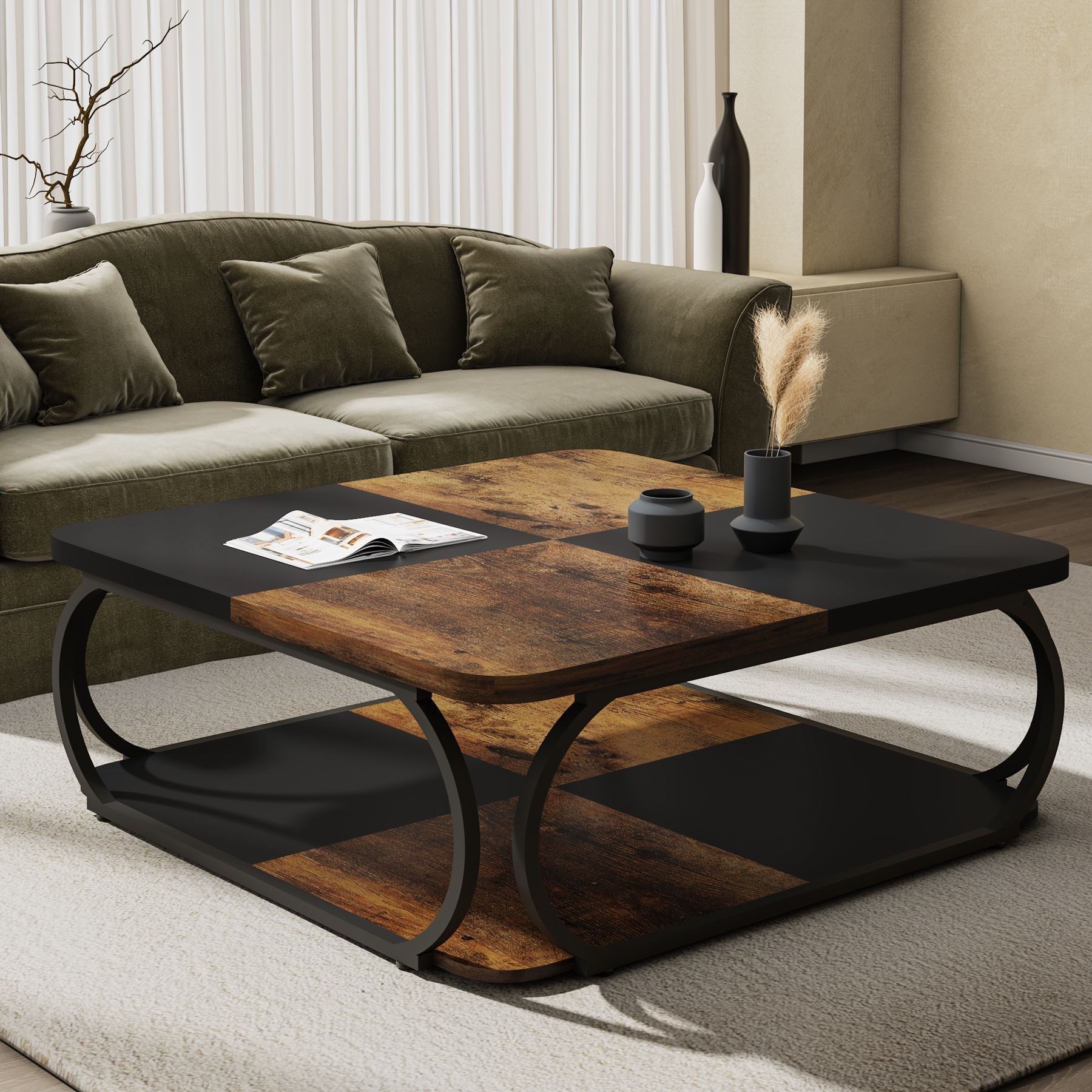 39" Square Coffee Table , Modern Central Cocktail Table with 2-Tier Storage for Living Room
